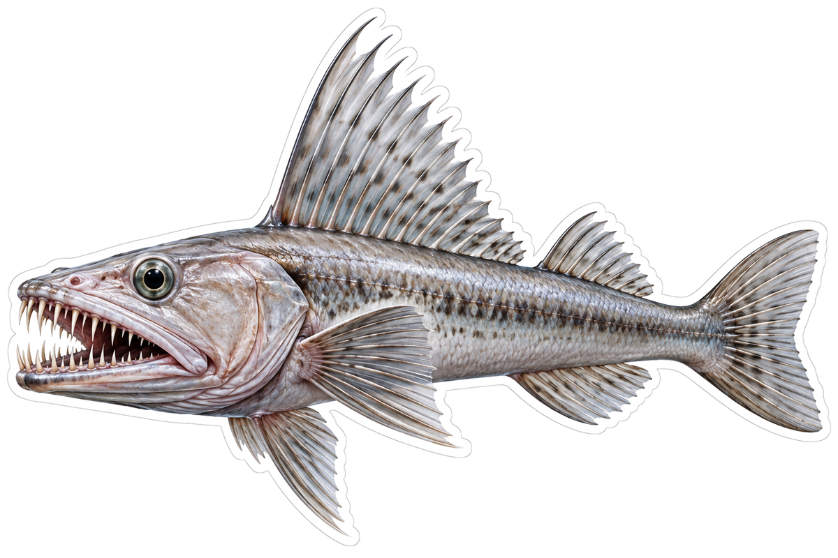 Silver Fanged Fish with Tall Sail Fin Art Vinyl Decal Stickers