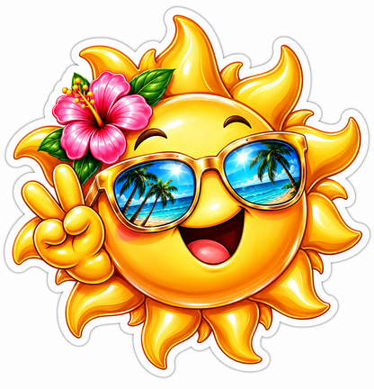 Happy Sun With Tropical Shades and Flower Art Vinyl Decal Stickers