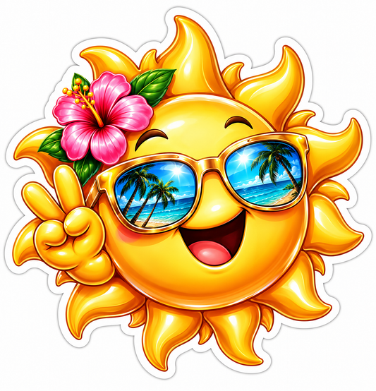 Happy Sun With Tropical Shades and Flower Art Vinyl Decal Stickers