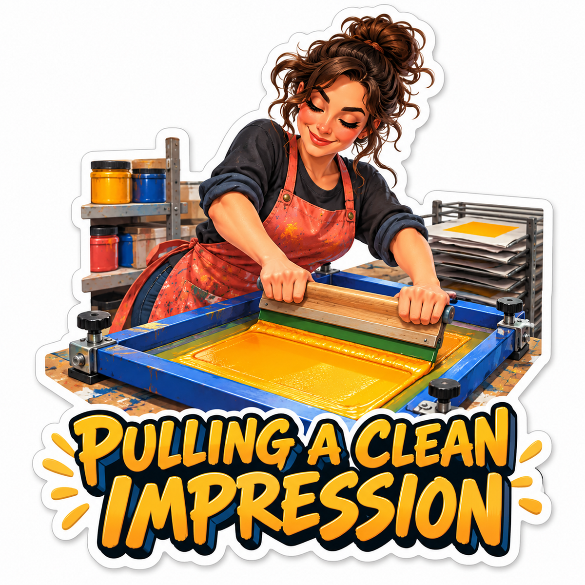 Woman Pulling Yellow Ink Across Print Screen Vinyl Decal Stickers