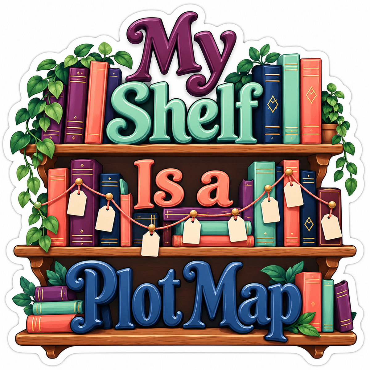 Bookshelf with String Plot Map Quote Vinyl Decal Stickers