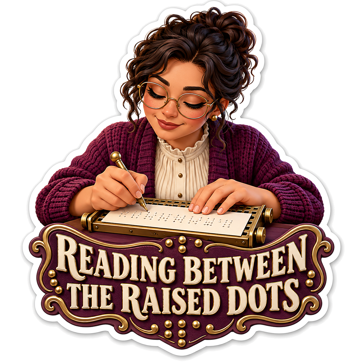 Woman Writing Raised Dots on a Board Vinyl Decal Stickers