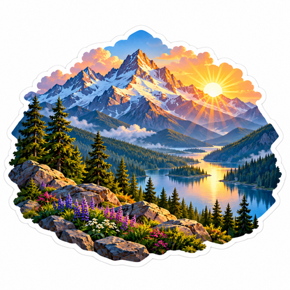 Mountain Sunrise over Forest Lake Vinyl Decal Stickers