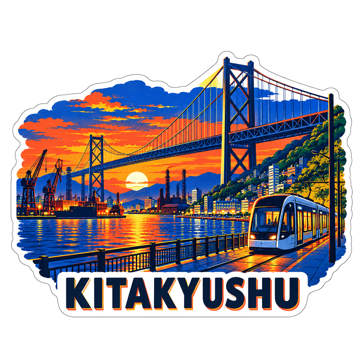 Kitakyushu Suspension Bridge and Tram at Sunset Vinyl Decal Stickers