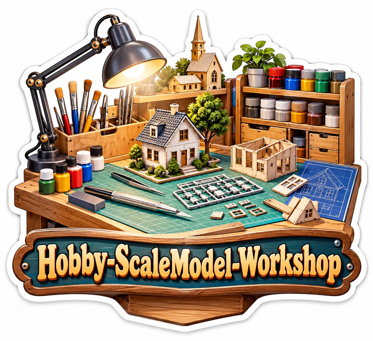 Miniature Model Workshop with Tiny Houses Vinyl Decal Stickers