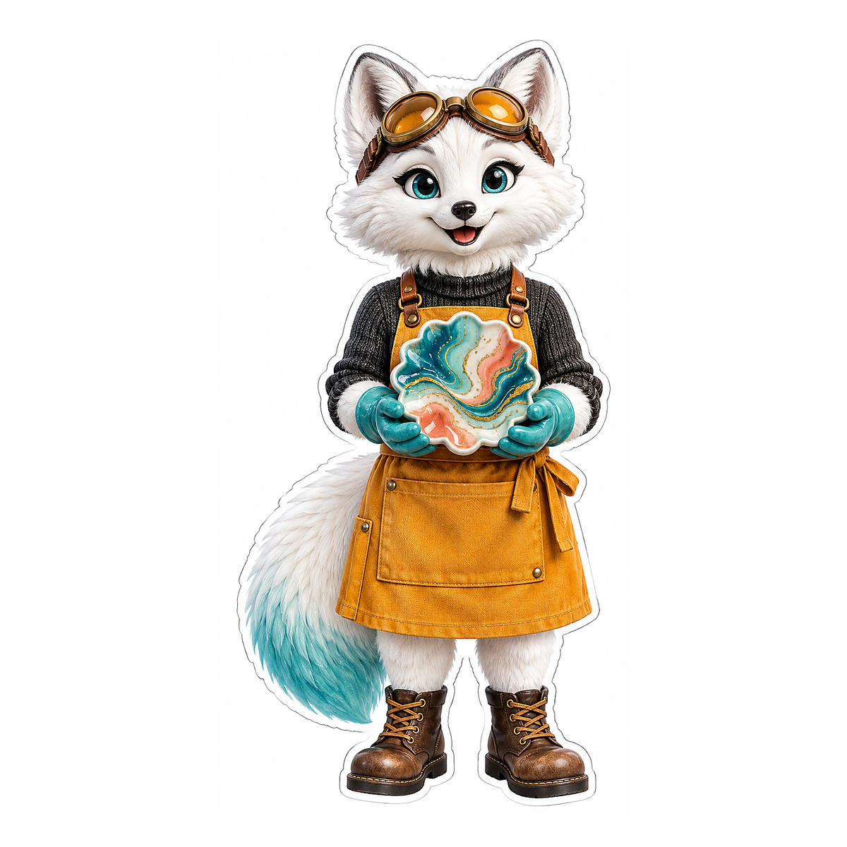 Goggled Arctic Fox Holding Colorful Stone Vinyl Decal Stickers