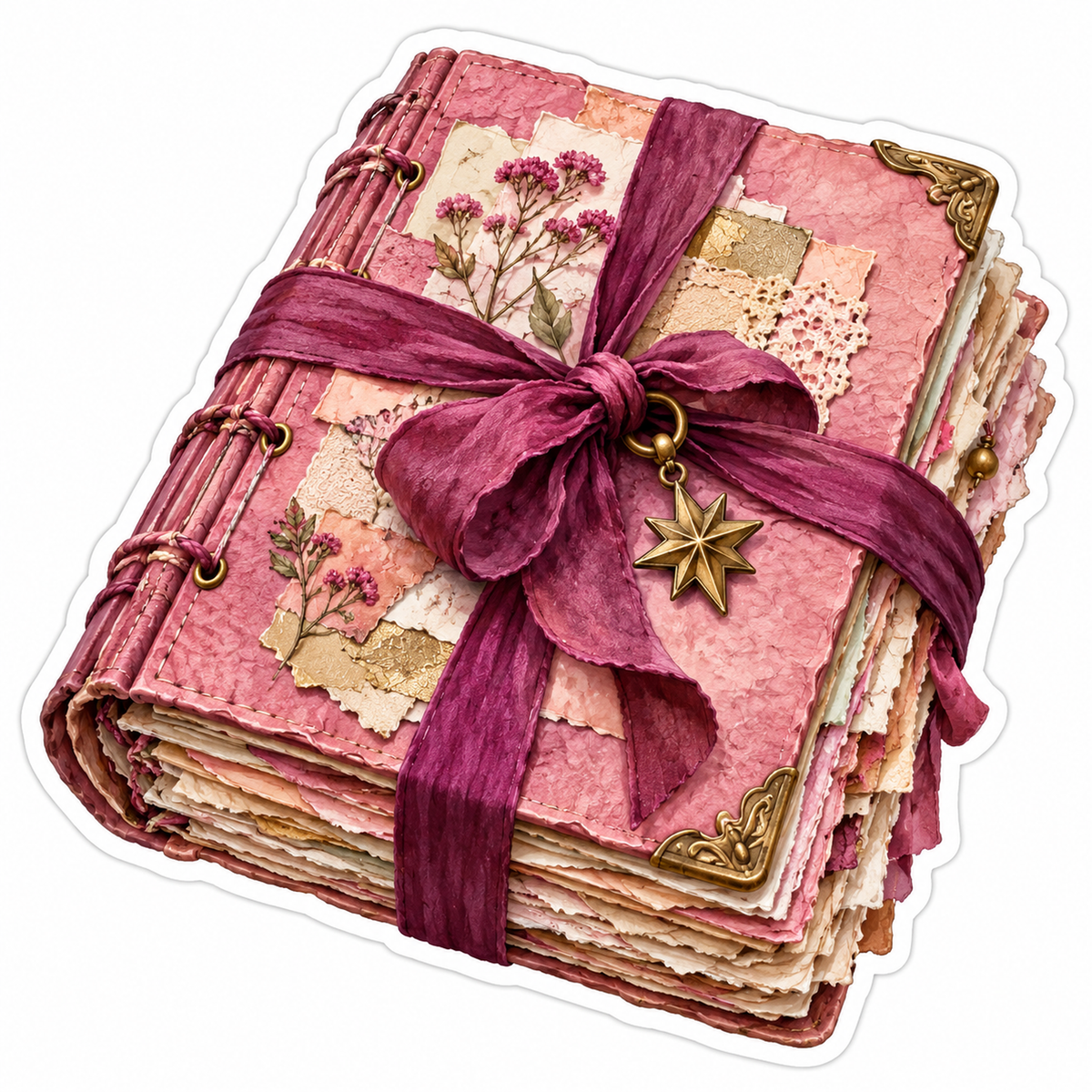 Pink Floral Journal with Plum Ribbon Bow Vinyl Decal Stickers