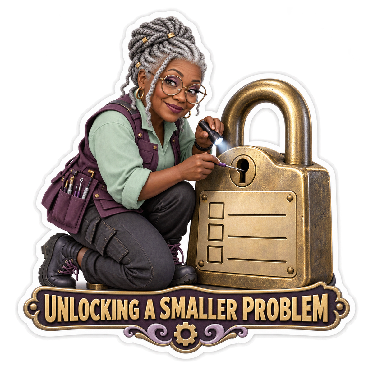 Woman Unlocking Giant Brass Padlock Art Vinyl Decal Stickers