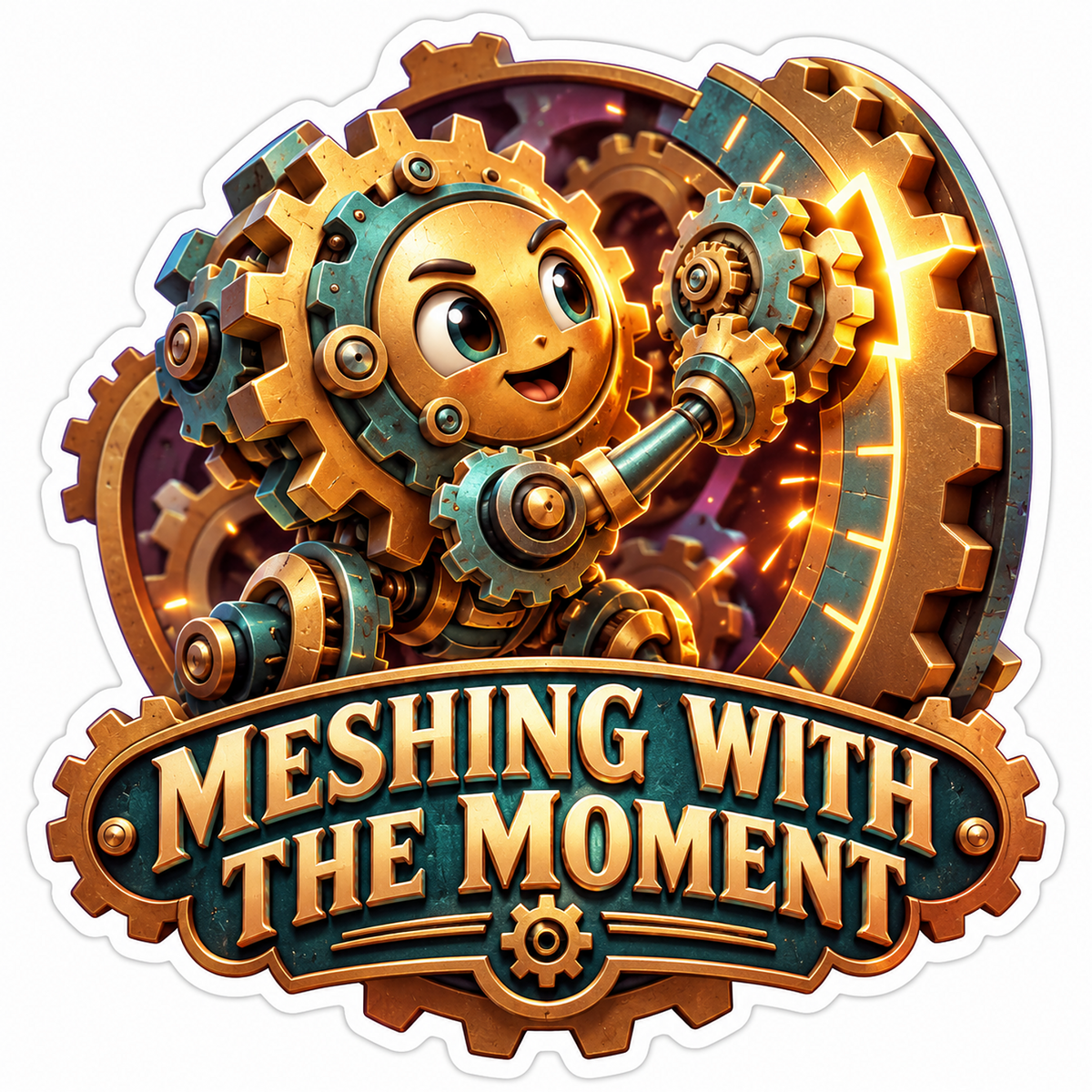 Smiling Golden Gear among Interlocking Cogs Vinyl Decal Stickers