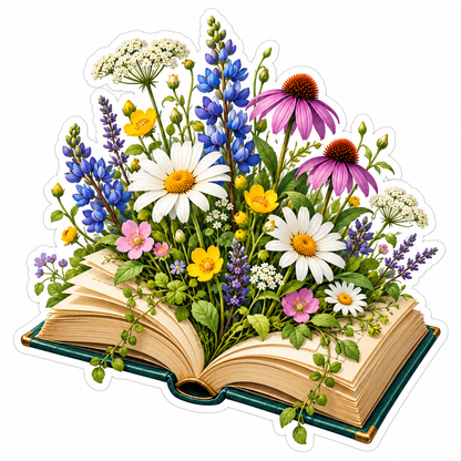 Wildflower Garden Growing from Open Book Vinyl Decal Stickers