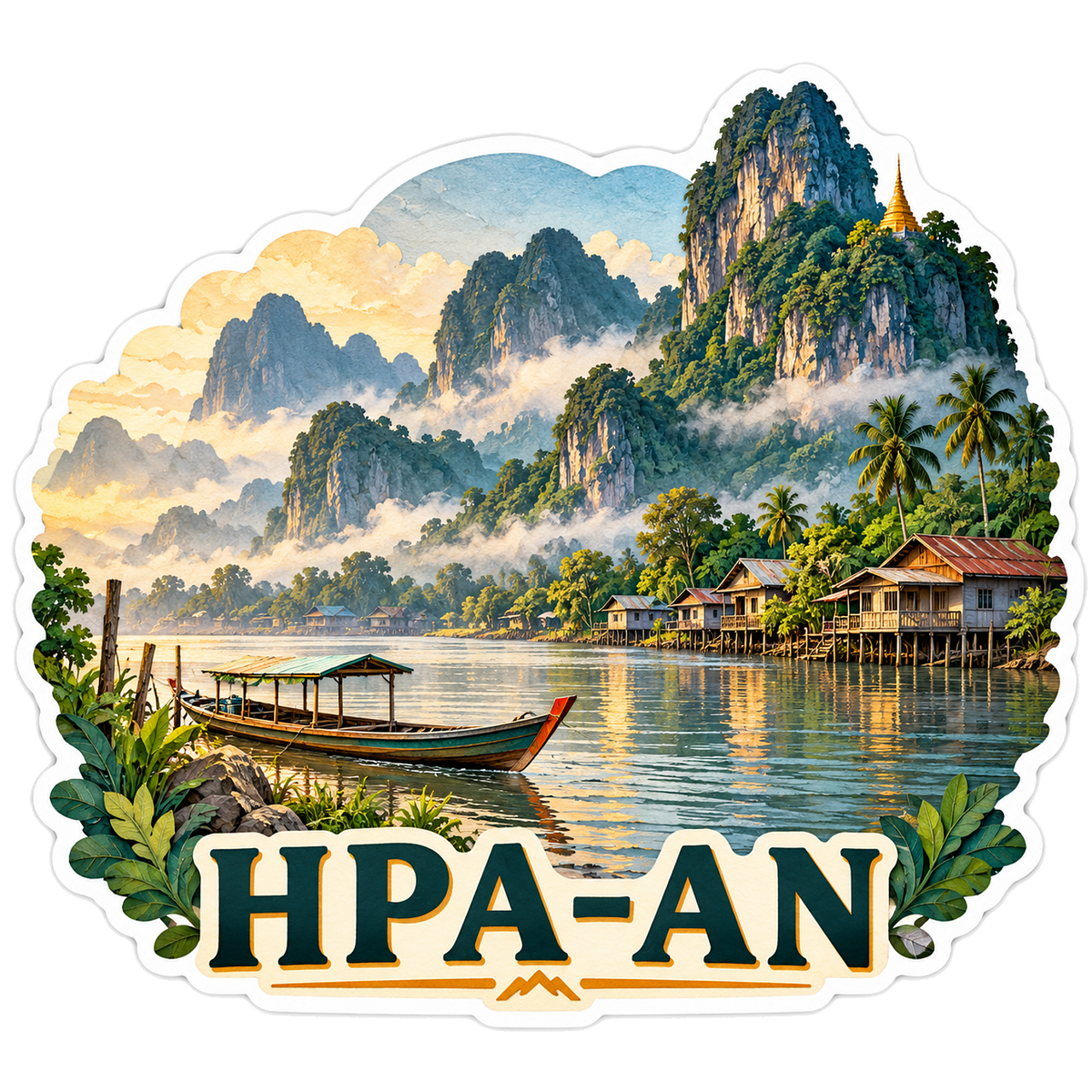 Hpa An Misty Mountains and River Boat Art Vinyl Decal Stickers