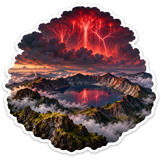 Red Lightning Reflected in Mountain Crater Lake Vinyl Decal Stickers