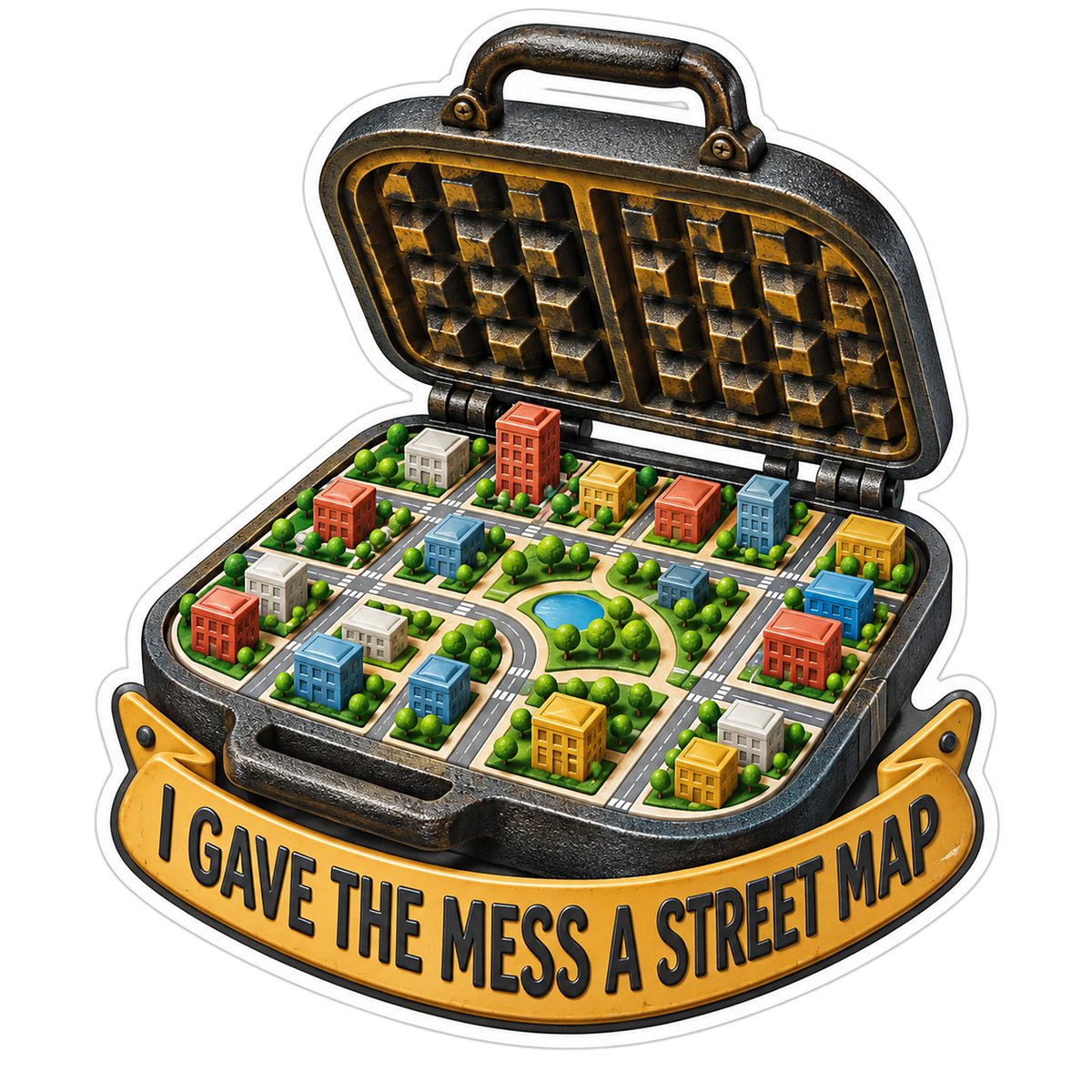 Open Waffle Iron with Miniature City Vinyl Decal Stickers
