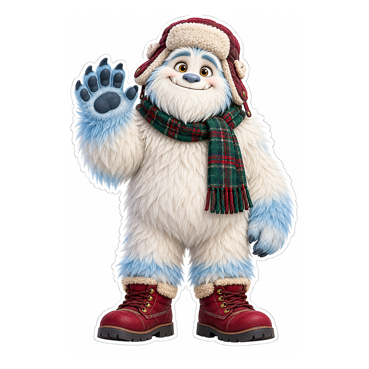 White Furry Monster in Plaid Scarf Vinyl Decal Stickers