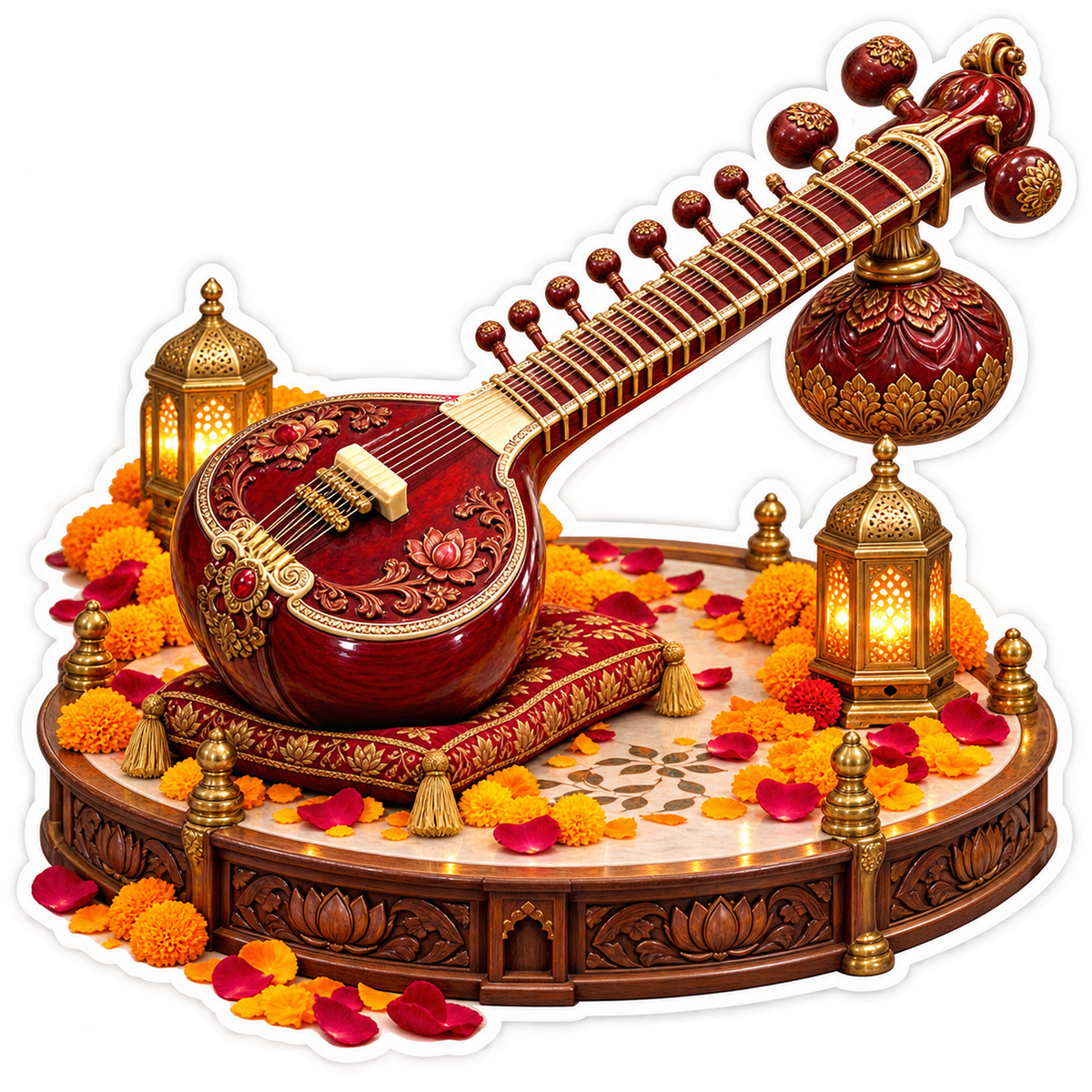 Red Sitar on Cushion with Glowing Lanterns Vinyl Decal Stickers