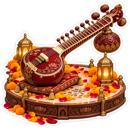 Red Sitar on Cushion with Glowing Lanterns Vinyl Decal Stickers