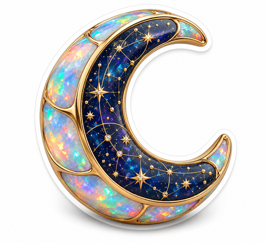 Golden Crescent Moon with Opal and Blue Stars Vinyl Decal Stickers