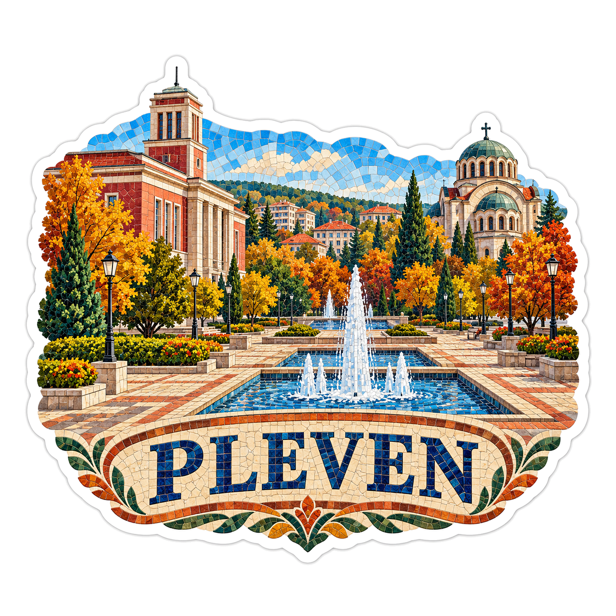 Pleven Autumn Plaza Fountain Art Vinyl Decal Stickers