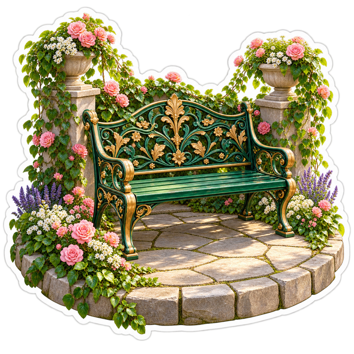 Green Ornate Bench in Rose Garden Vinyl Decal Stickers