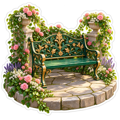 Green Ornate Bench in Rose Garden Vinyl Decal Stickers