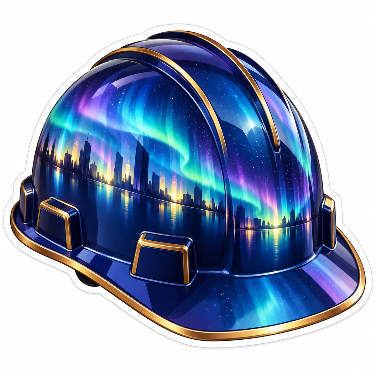 Blue Hard Hat with Aurora City Reflection Vinyl Decal Stickers