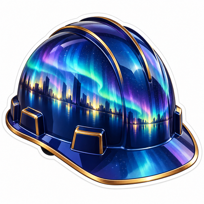 Blue Hard Hat with Aurora City Reflection Vinyl Decal Stickers