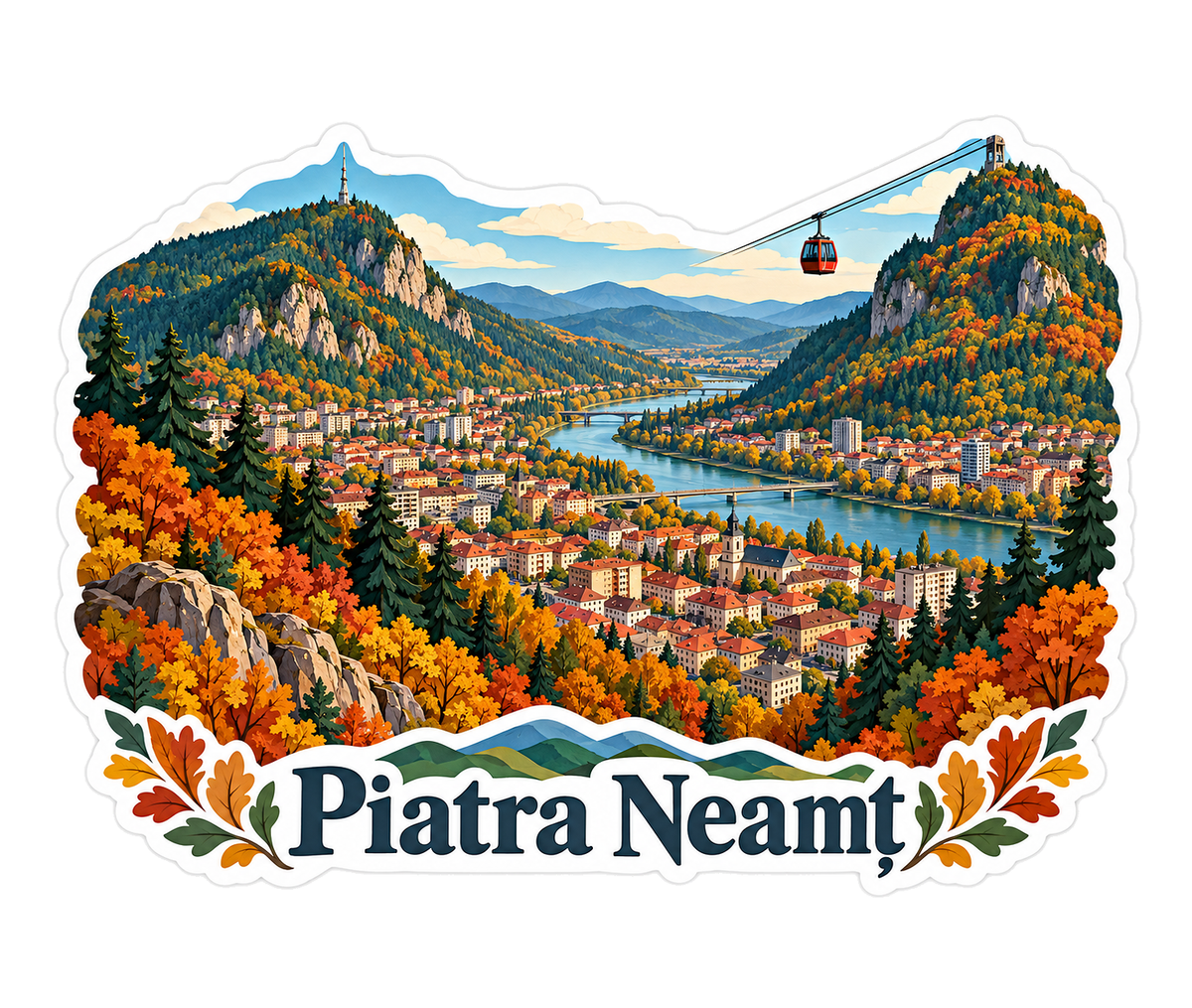 Piatra Neamt Autumn Valley Cable Car Art Vinyl Decal Stickers