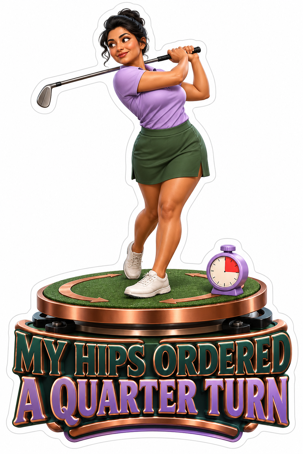 Woman Golfer on Copper Turning Platform Art Vinyl Decal Stickers