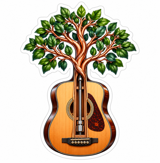 Acoustic Guitar Growing Leafy Tree Vinyl Decal Stickers