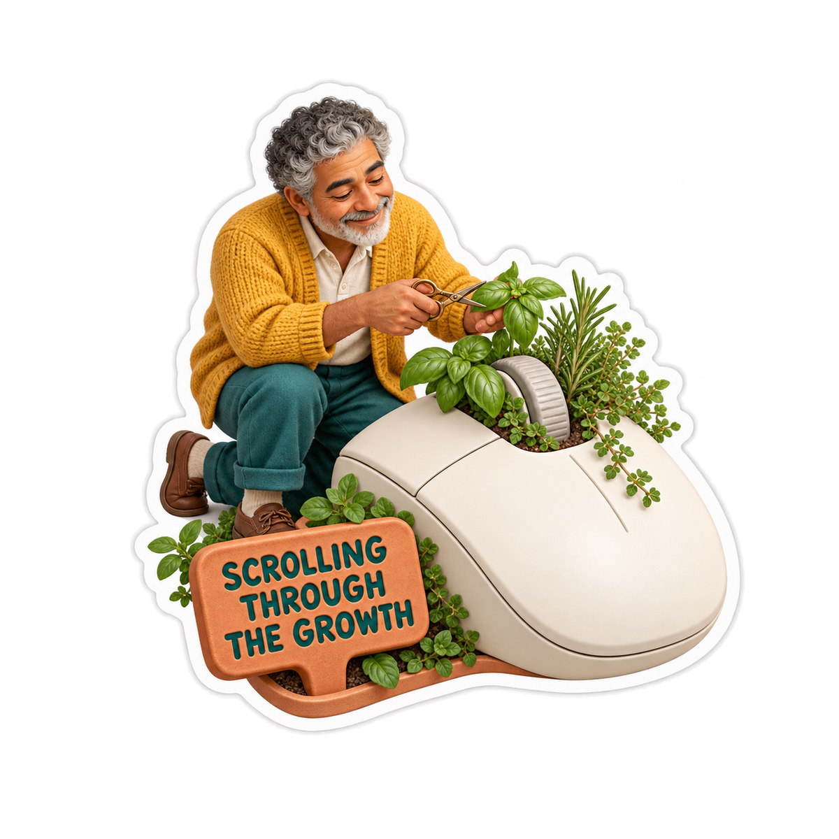 Man Tending Plants in Computer Mouse Art Vinyl Decal Stickers