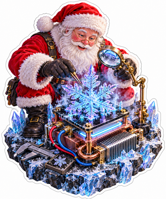 Santa Inspecting Glowing Blue Snow Crystal Vinyl Decal Stickers