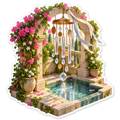 Crystal Wind Chimes above Flowered Courtyard Vinyl Decal Stickers