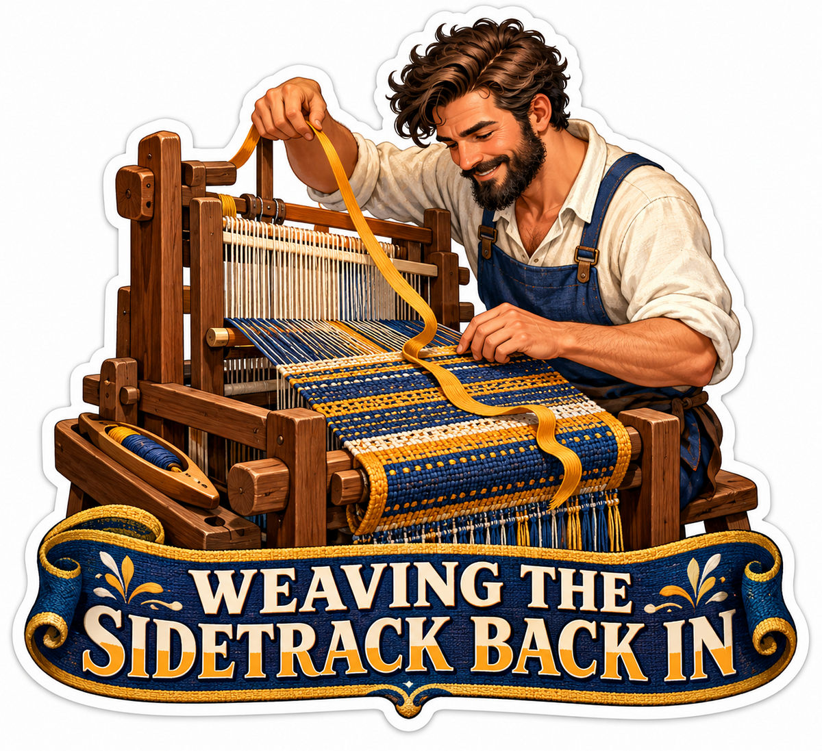 Weaver Working a Blue Gold Cloth on a Wood Loom Vinyl Decal Stickers