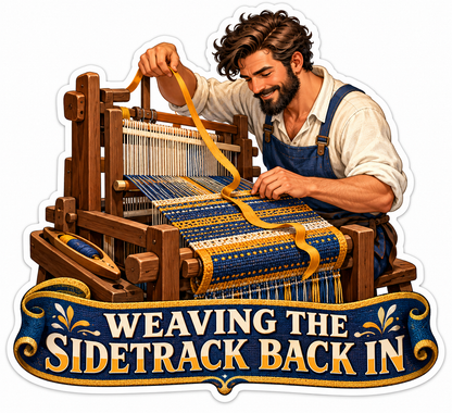 Weaver Working a Blue Gold Cloth on a Wood Loom Vinyl Decal Stickers