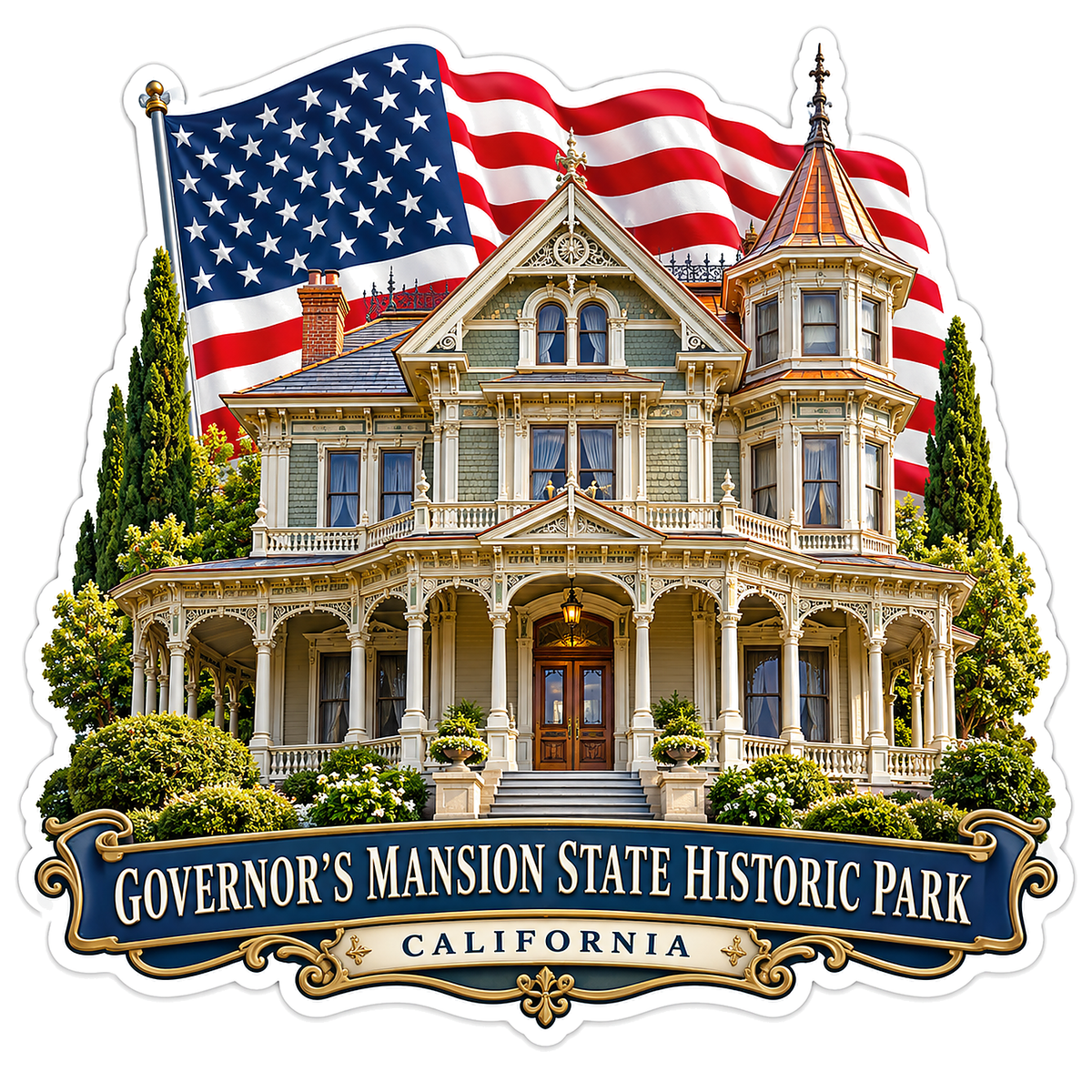 California Governor Mansion and US Flag Vinyl Decal Stickers