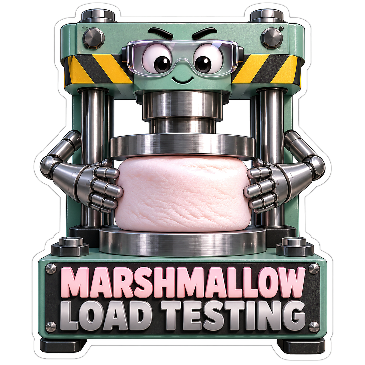 Green Metal Press Squashing a Pink Marshmallow Vinyl Decal Stickers