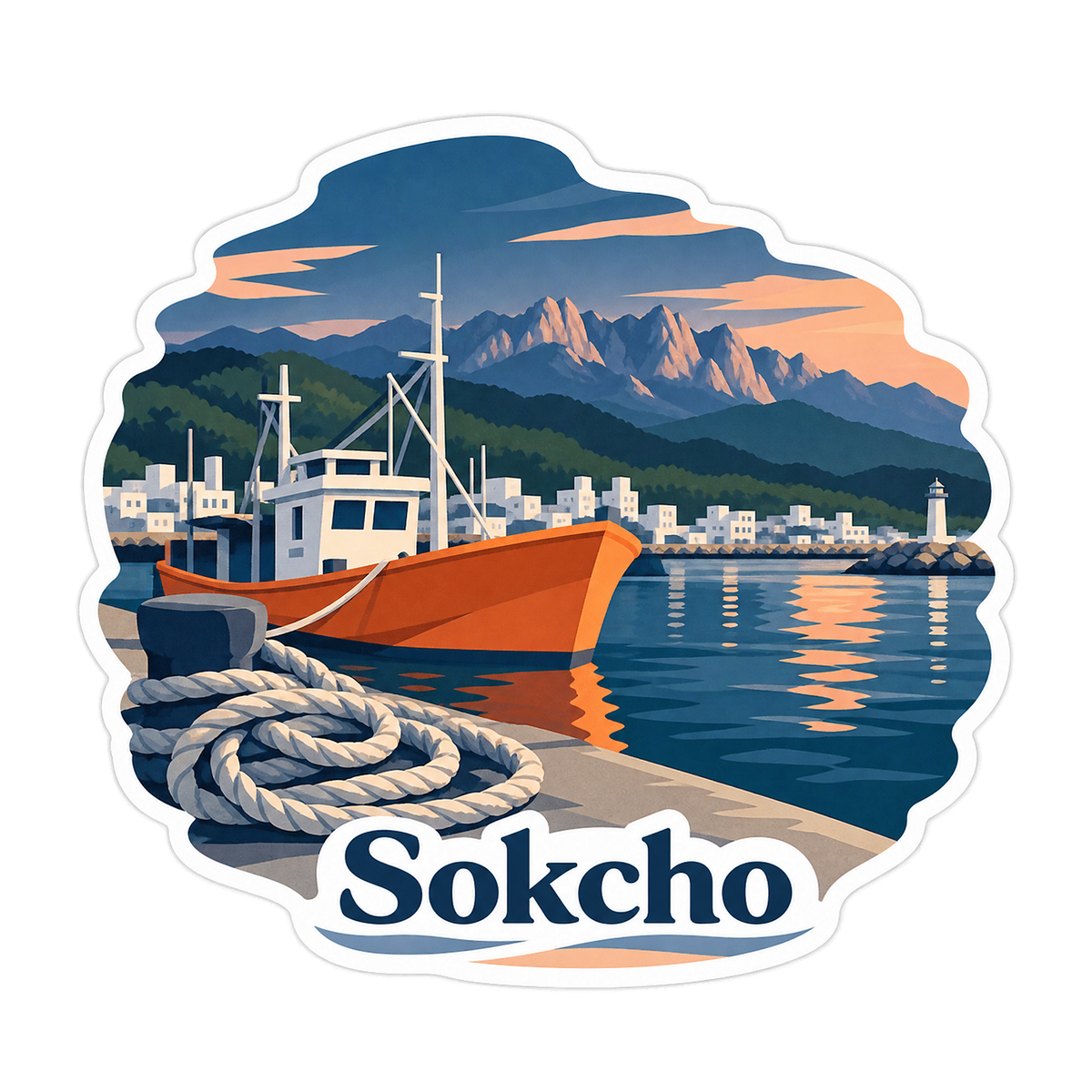 Sokcho Orange Boat and Mountain Harbor Art Vinyl Decal Stickers