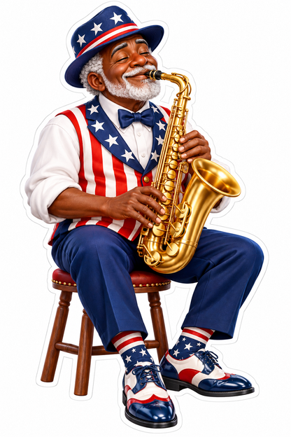 Patriotic Seated Saxophone Player Art Vinyl Decal Stickers