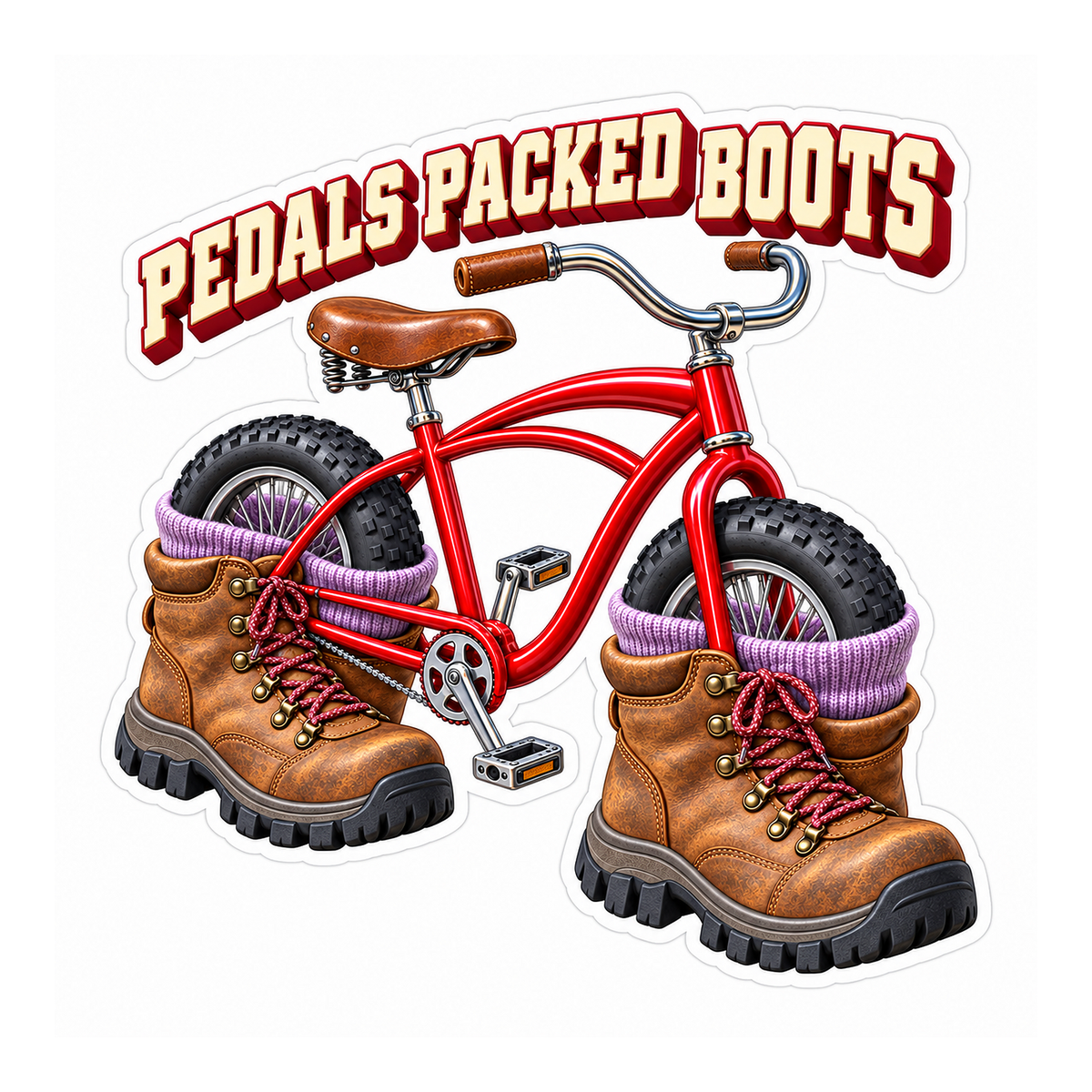 Red Bicycle with Hiking Boot Wheels Art Vinyl Decal Stickers
