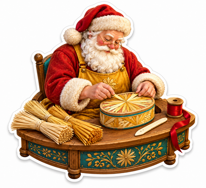 Santa Crafting Straw Star in Round Box Vinyl Decal Stickers