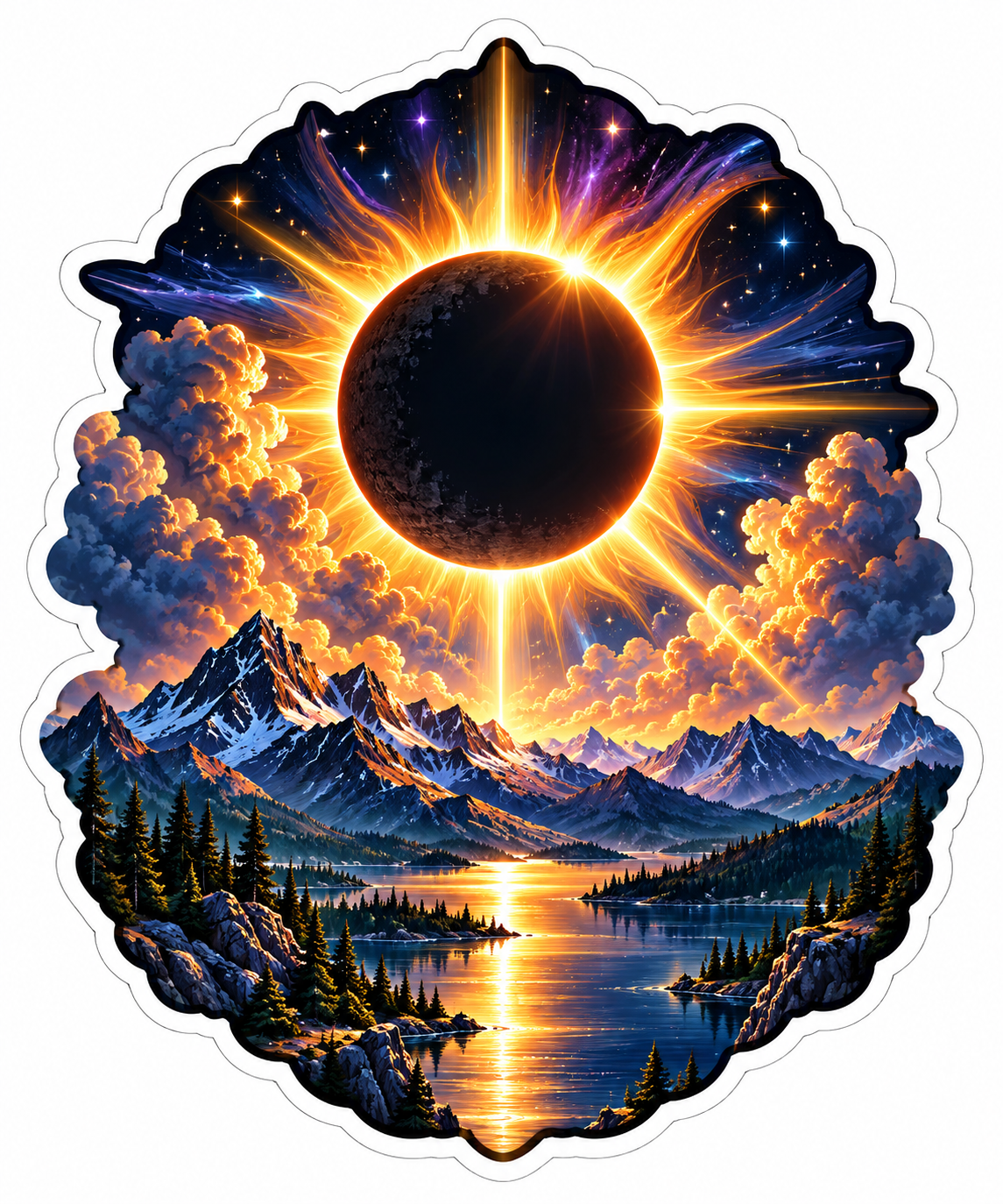 Solar Eclipse above Mountain Lake Vinyl Decal Stickers