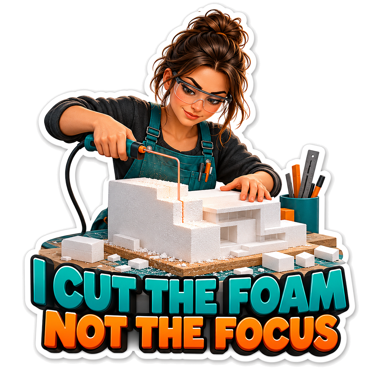 Woman Cutting a White Foam Model Vinyl Decal Stickers