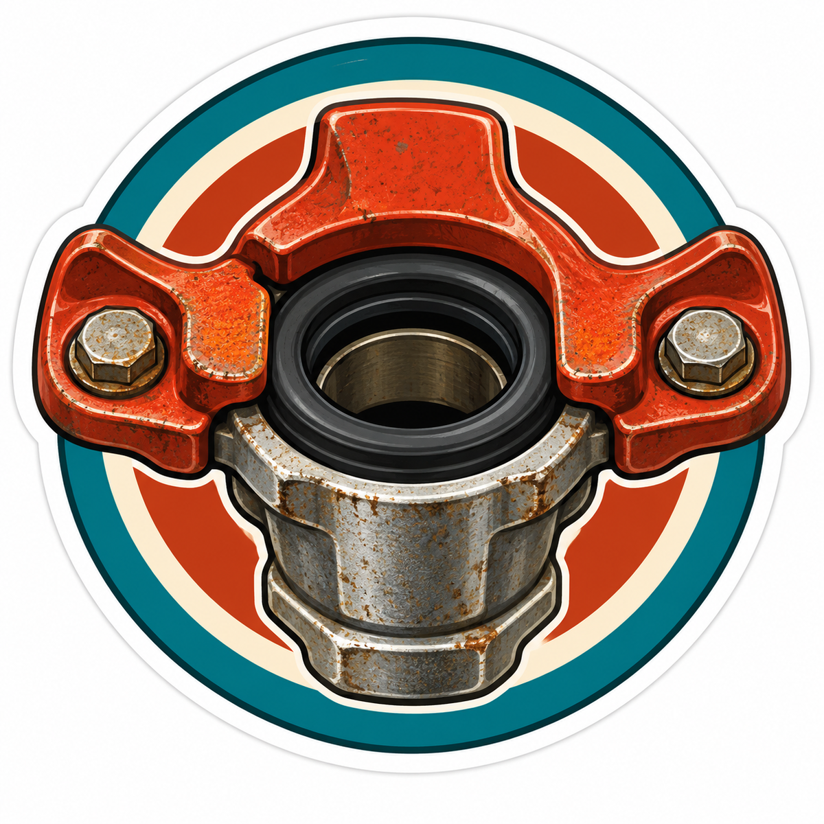 Orange Metal Pipe Coupling in Teal Round Frame Vinyl Decal Stickers