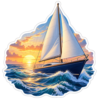 Blue Sailboat Riding Waves at Golden Sunrise Art Vinyl Decal Stickers