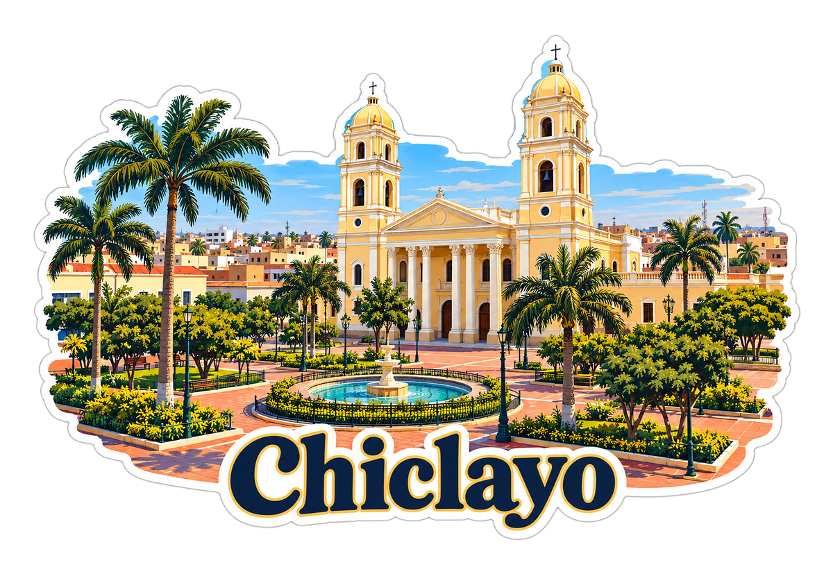 Chiclayo Cathedral and Palm Plaza Fountain Vinyl Decal Stickers