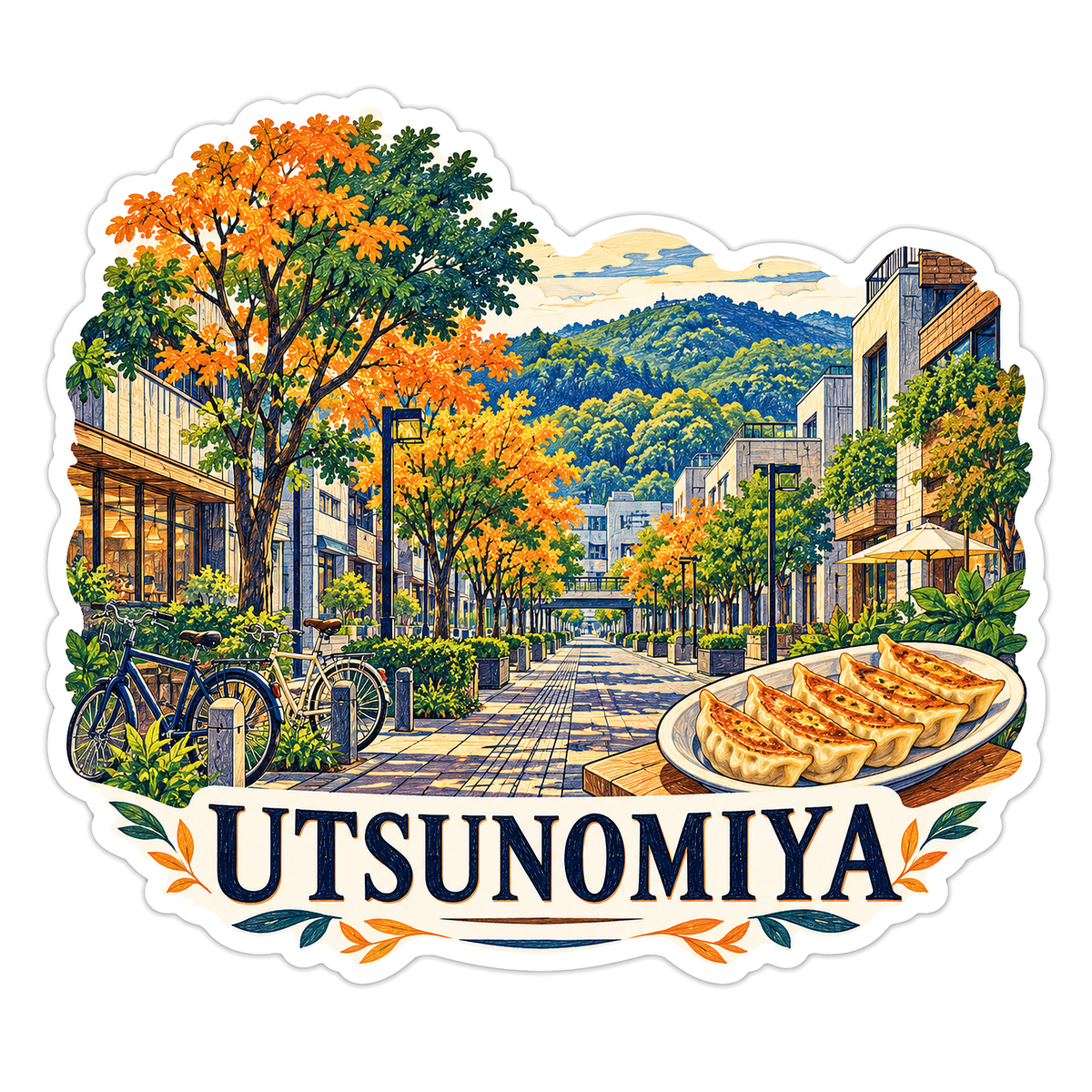 Utsunomiya Autumn Street and Dumplings Art Vinyl Decal Stickers