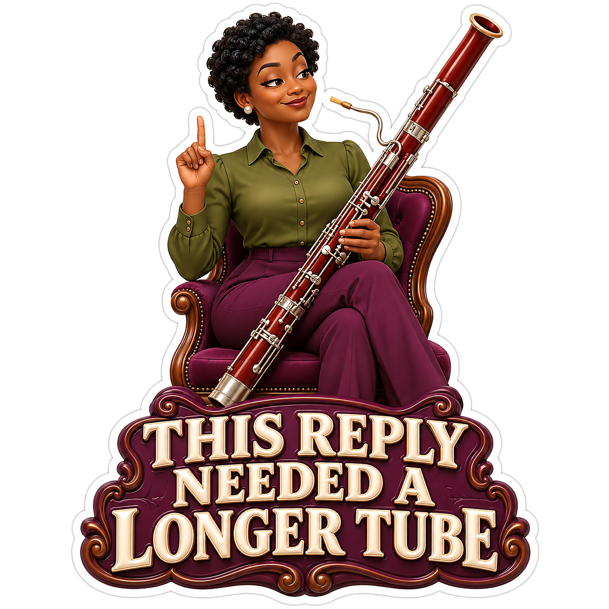 Seated Woman in Olive Shirt with Bassoon Vinyl Decal Stickers