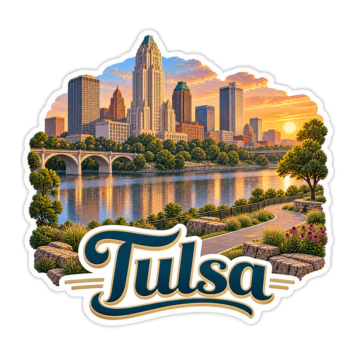 Tulsa Sunset River Skyline Art Vinyl Decal Stickers