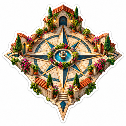 Compass Rose Courtyard with Flowers Art Vinyl Decal Stickers