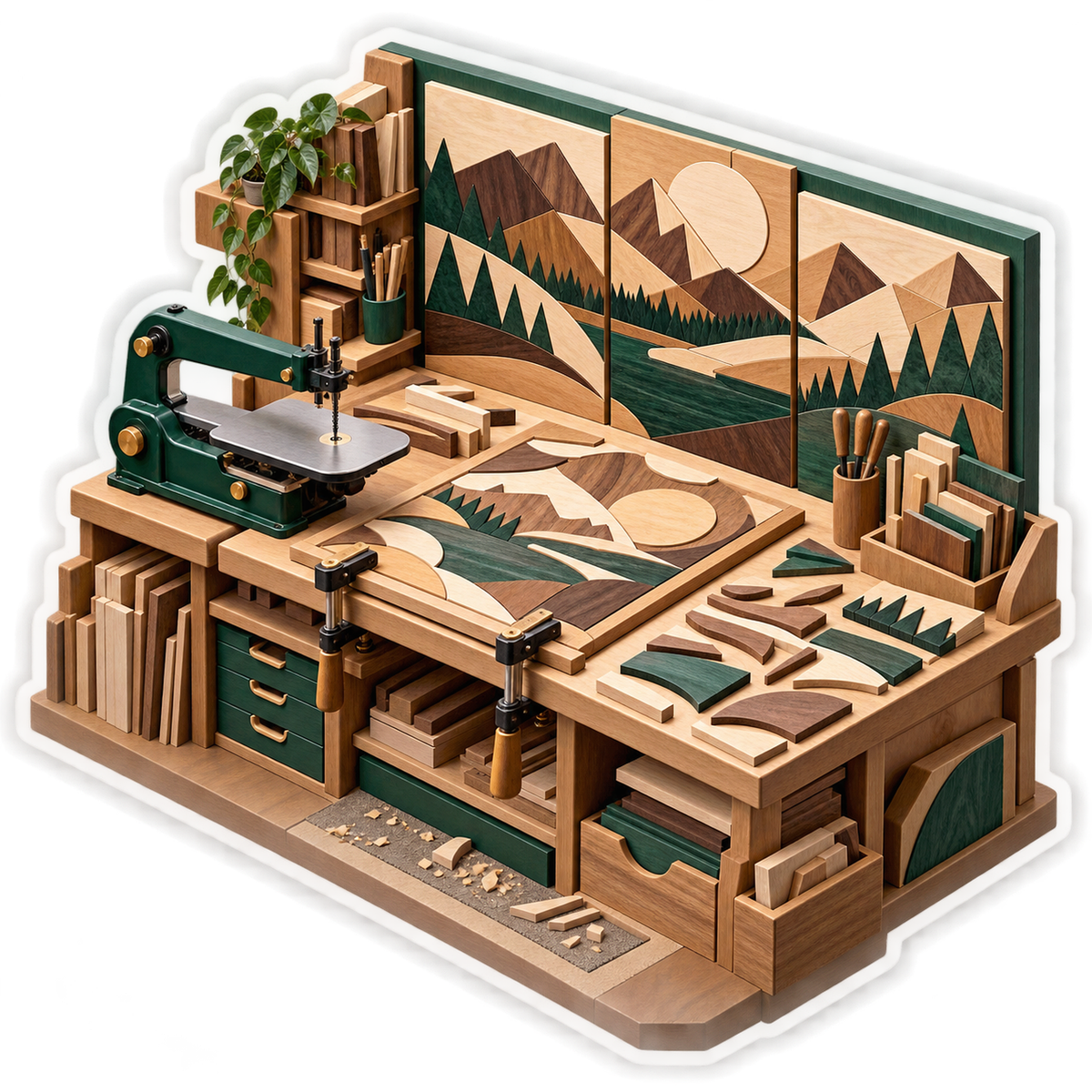 Mountain Wood Mosaic Bench with Green Saw Vinyl Decal Stickers